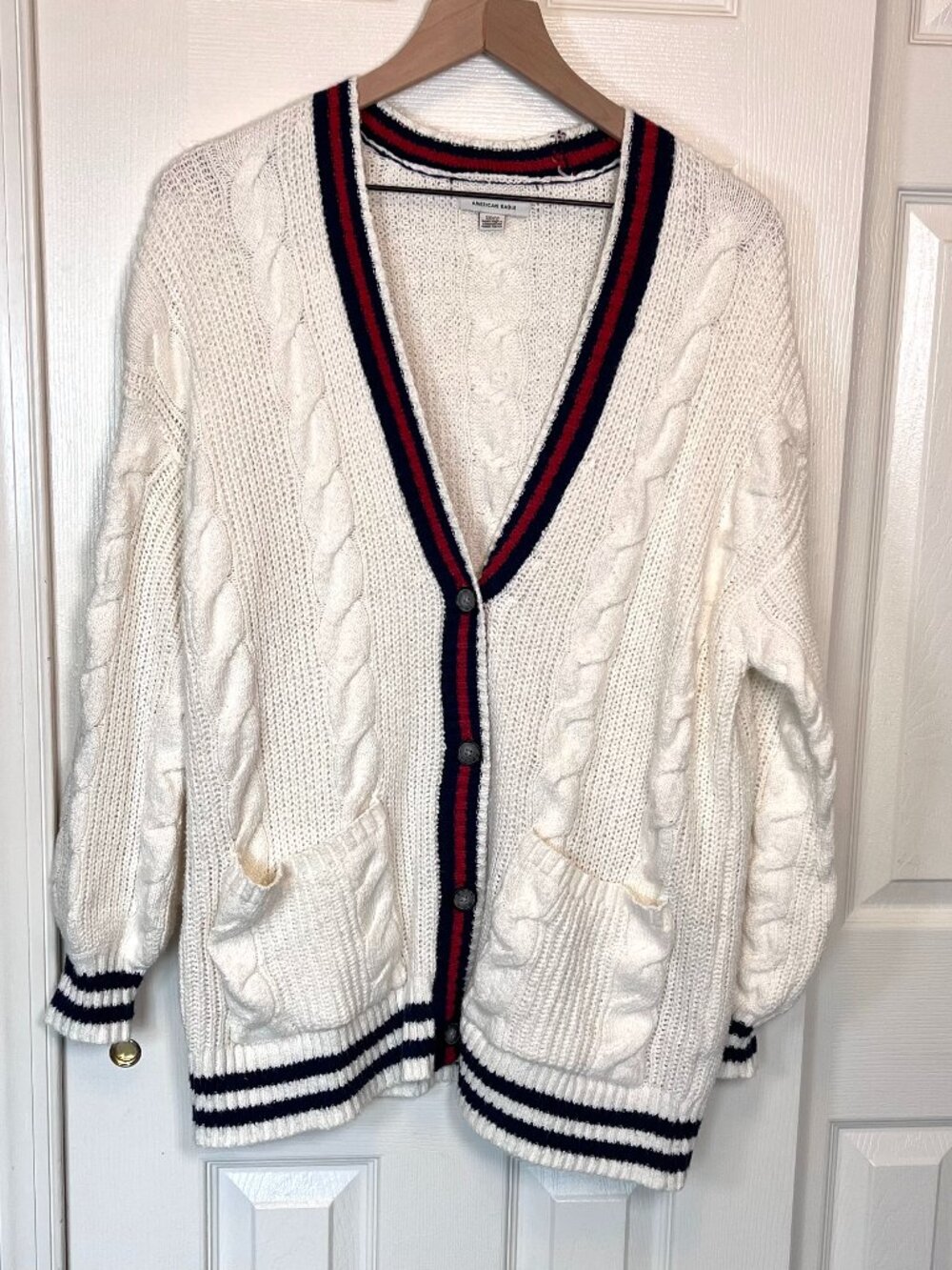 American Eagle Cream Oversized Varsity Cable Knit Cardigan Sweater Size S